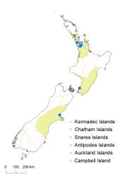 Marsilea mutica distribution map based on databased records at AK, CHR and WELT.
 Image: K. Boardman © Landcare Research 2014 CC BY 3.0 NZ